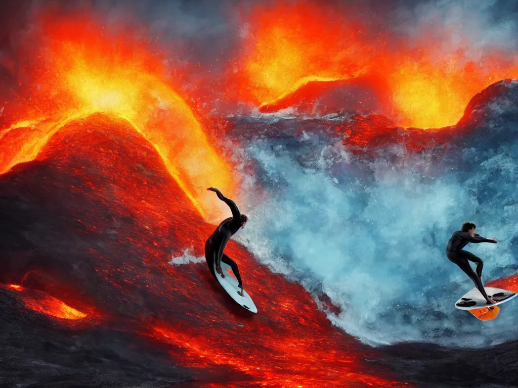 Image similar to portrait of a arnold schwarzenegger surfing inside erupting volcano, lava splashes, stunning scene, 8 k, extremely detailed digital painting, depth, bright colors, trending on artstation