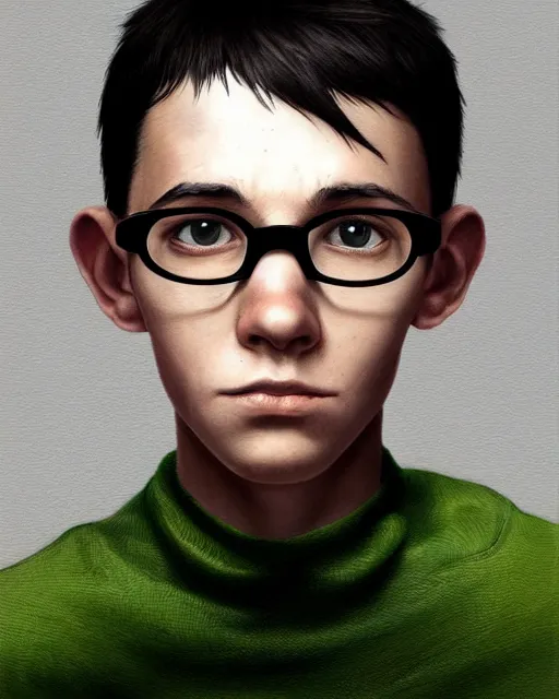 Prompt: portrait of a small, skinny 1 7 - year - old boy with a thin face, black hair, and bright green eyes. wears round glasses held together with tape and has a thin scar on his forehead, potter, hyper realistic face, beautiful eyes, character art, art by mark brooks, hyperdetailed, cryengine, trending on artstation, digital art