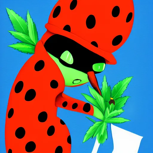 Image similar to a digital painting of a ladybug smoking a huge marijuana joint, trending on artstation