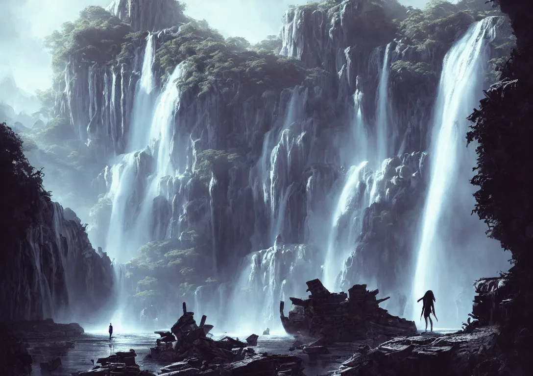 Image similar to lost traveller is exploring lost ruins, large waterfall on the right, there are ruins of ancient civilization!!!, ultra high definition, ultra detailed, symmetry, sci - fi, dark fantasy, in style of heavy metal comic, dark and horror style, metal by greg rutkowski and ross tran