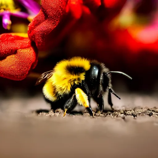 Prompt: a potpourri bumblebee sits on a finger, 5 0 mm lens, f 1. 4, sharp focus, ethereal, emotionally evoking, head in focus, volumetric lighting, blur dreamy outdoor, inspired by giuseppe arcimboldo