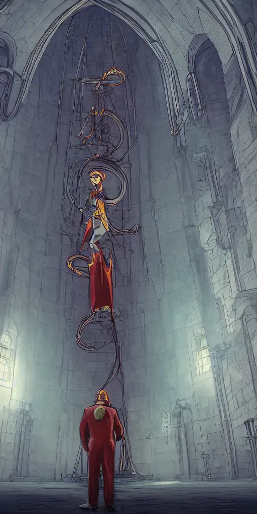 Prompt: Illustration of a man in a retro futuristic Moebius inspired costume standing in a catholic cathedral and watching up a giant bell with pipes coming from it, low camera, dark souls, realistic, octane rendered, uplight, unreal engine, paint textures, highly detailed