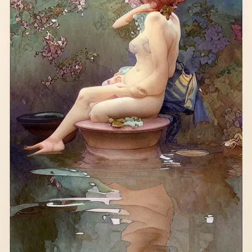 Image similar to a beautifull intricate watercolour painting of a bath, reflexions, verry high details by william turner art, greg rutkowski and alphonse mucha, trending on artstation, very very detailed, masterpiece, muted colors