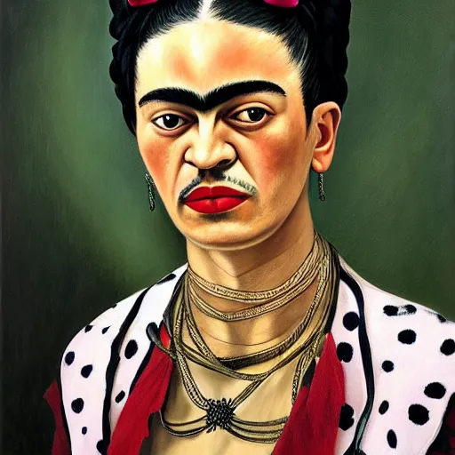 Prompt: A self potrait by Frida Kahlo as a Dalmatian dog, oil painting, hyper realistic,