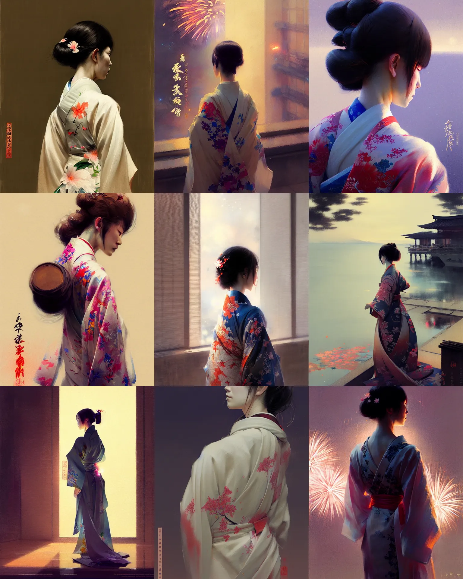 Prompt: back portrait of a beautiful female in kimono watching fireworks, intricate, sharp focus, illustration, highly detailed, digital painting, concept art, matte, art by ruan jia and wlop and greg rutkowski, masterpiece