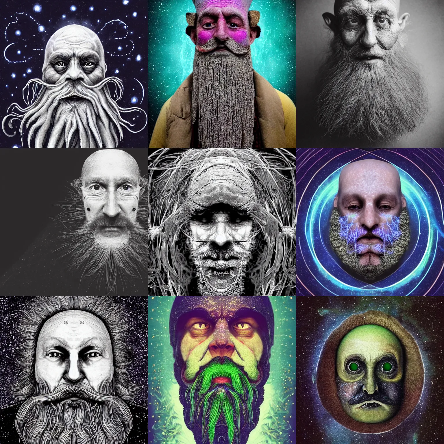 Prompt: a symmetrical face of an old wizard , photorealistic , a galaxy in each eye , a vegetable beard, skin like cracked ground