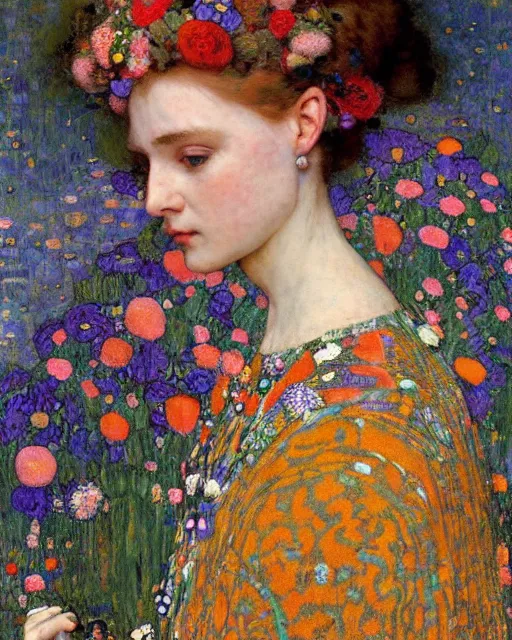 Image similar to a beautiful woman in a colorful dress surrounded by colorful patterns and flowers by gustave klimt and edgar maxence and john william waterhouse and michael whelan, artistic, intricate realistic fantasy, extremely detailed and beautiful face, 8 k resolution, dramatic lighting