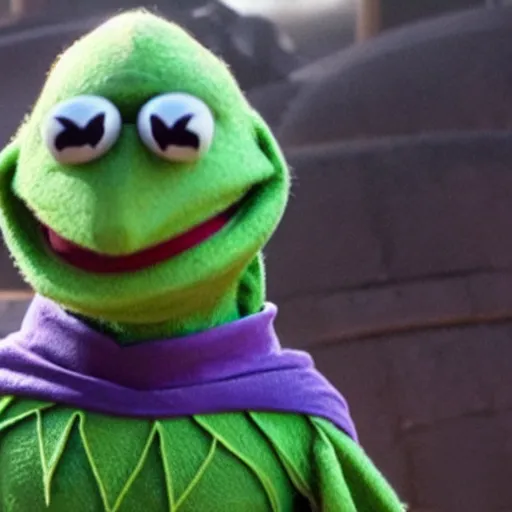 Prompt: photo of Kermit the frog as Thanos in averngers movie