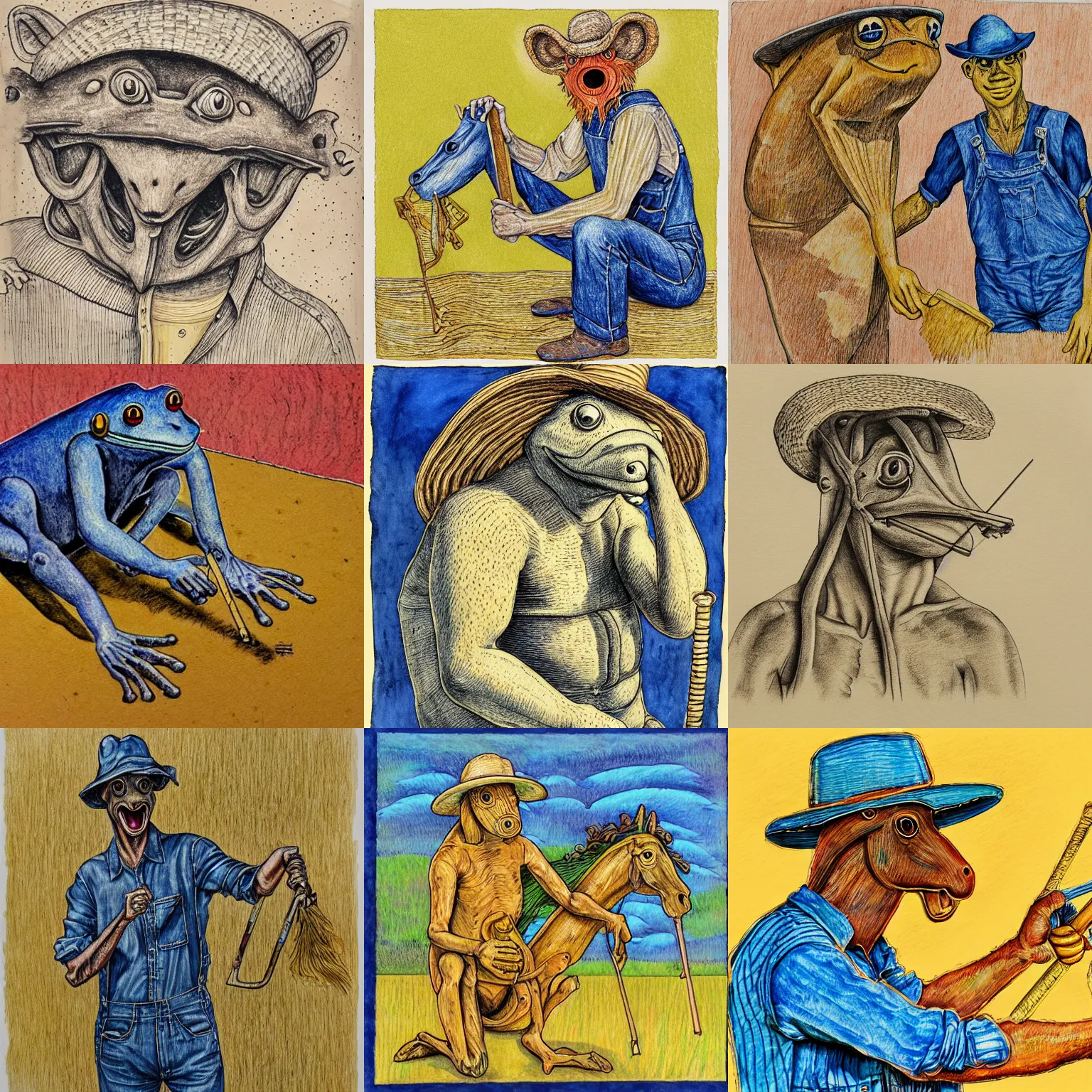 Prompt: horse - headed humanoid frog - person creature, wearing a straw hat and overalls, using a spanner, mechanic, golden hour, bucolic, expressive linework, crosshatching, grisaille, cobalt blue and ochre watercolor wash