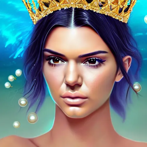 Image similar to kendall jenner portrait, fantasy, mermaid, hyperrealistic, game character, underwater, highly detailed, sharp focus, cinematic lighting, pearls, glowing hair, shells, gills, crown, water, highlights, starfish, jewelry, realistic, digital art, pastel, magic, fiction, ocean, king, colorful hair, sparkly eyes, fish, heroic, goddess, waves, bubbles, queen