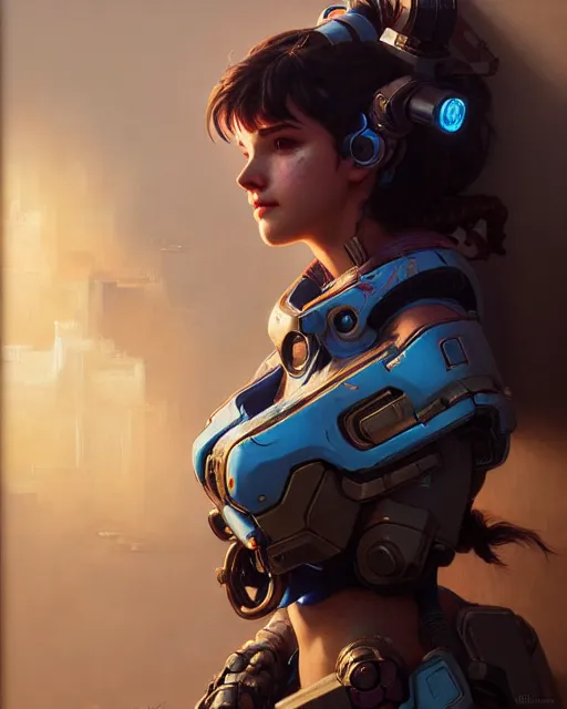 Prompt: d. va from overwatch, character portrait, concept art, intricate details, highly detailed by greg rutkowski, michael whelan and gustave dore