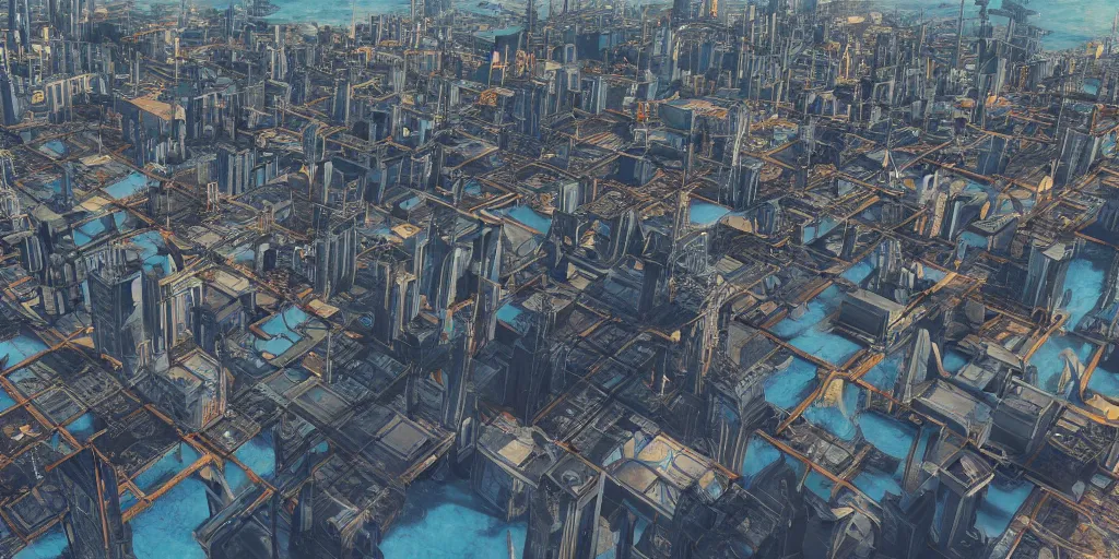 Image similar to city on jupiter, get a bird's - eye view, fantasy, unreal engine, octane, very detail