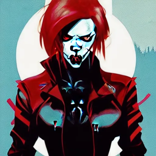 Prompt: rafael albuquerque comic art, peter mohrbacher, steve niles, artgerm, pretty scarlett johansson vampire sharp vampire teeth open mouth, symmetrical eyes, black leather jacket, jeans, long blonde hair