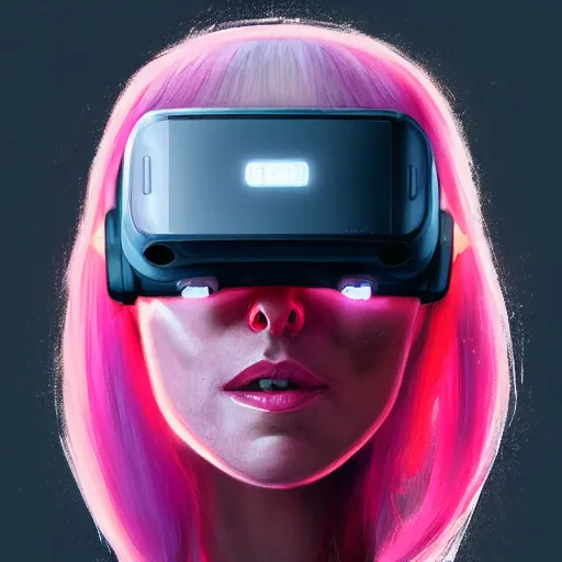 Image similar to Portrait of a woman by Greg Rutkowski, symmetrical face, a girl withj neon pink bob hair wearing a VR Headset, Kubric Stare, crooked smile, she's wearing an oversized hoodie, highly detailed portrait, scifi, digital painting, artstation, book cover, cyberpunk, concept art, smooth, sharp foccus ilustration, Artstation HQ