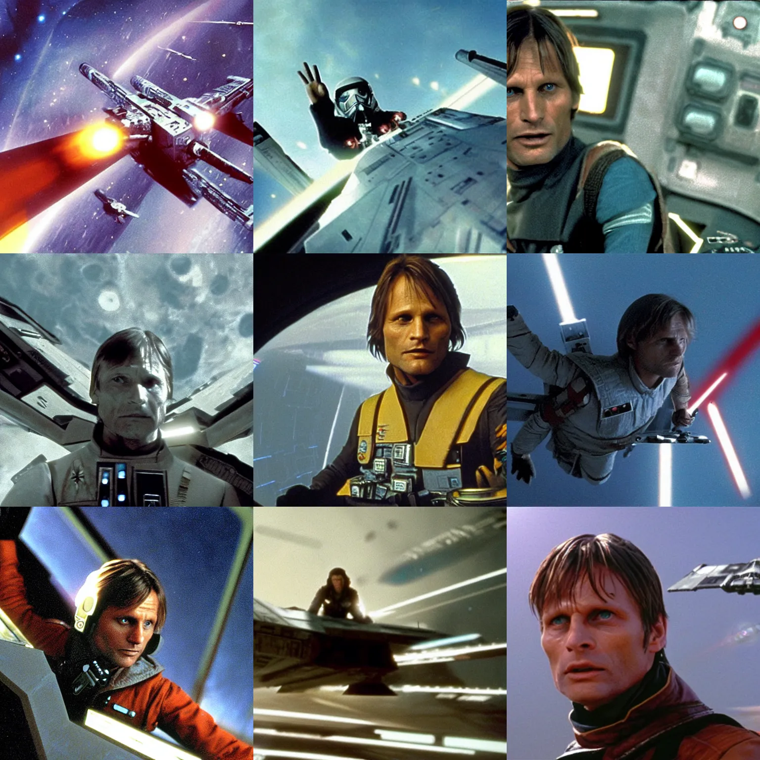 Prompt: Viggo Mortensen in an X-wing starfighter in the movie Star Wars