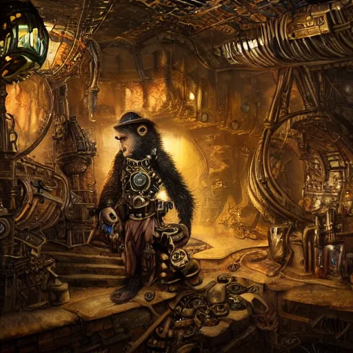 Prompt: Steampunk monkey mining for gems in a mine, concept art, insanely detailed and intricate, hypermaximalist, elegant, ornate, hyper realistic, super detailed, dark atmosphere, Art Deco, cinematic, trending on artstation, magic the gathering artwork