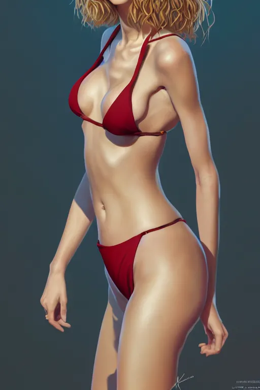 Image similar to 3 / 4 view of a portrait of taylor swift wears compact bikini, evangelion, au naturel, hyper detailed, digital art, trending in artstation, cinematic lighting, studio quality, smooth render, frostbite 3 engine rendered, art style by klimt and nixeu and ian sprigger and wlop and krenz cushart