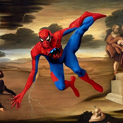 Image similar to Renaissance painting of spiderman doing cool tricks