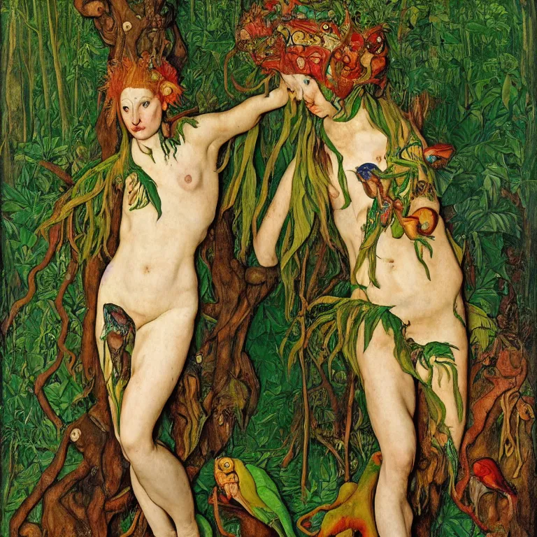 Prompt: a dryad venus, transforms herself into a tropical alien fish. in the forest around her are colorful tropical birds and orchids. painted by jan van eyck, egon schiele and max ernst, trending on artstation, 8 k, award winning