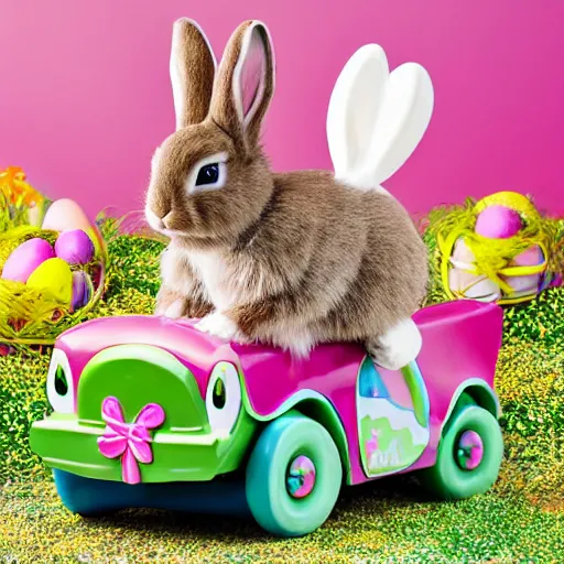 Image similar to easter bunny riding a convertible, studio photo, high quality