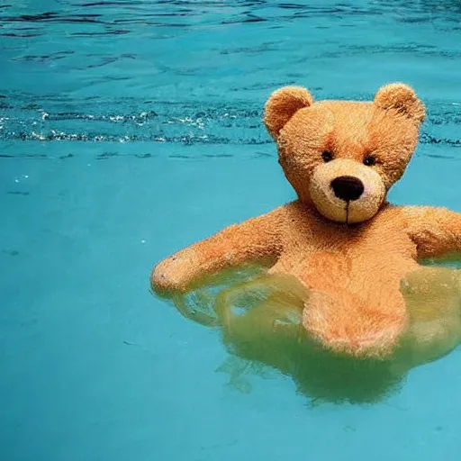 Prompt: photo of a teddy bear swimming in a pool