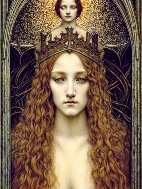 Image similar to detailed realistic beautiful young medieval queen face portrait by jean delville, gustave dore and marco mazzoni, art nouveau, symbolist, visionary, gothic, pre - raphaelite. horizontal symmetry