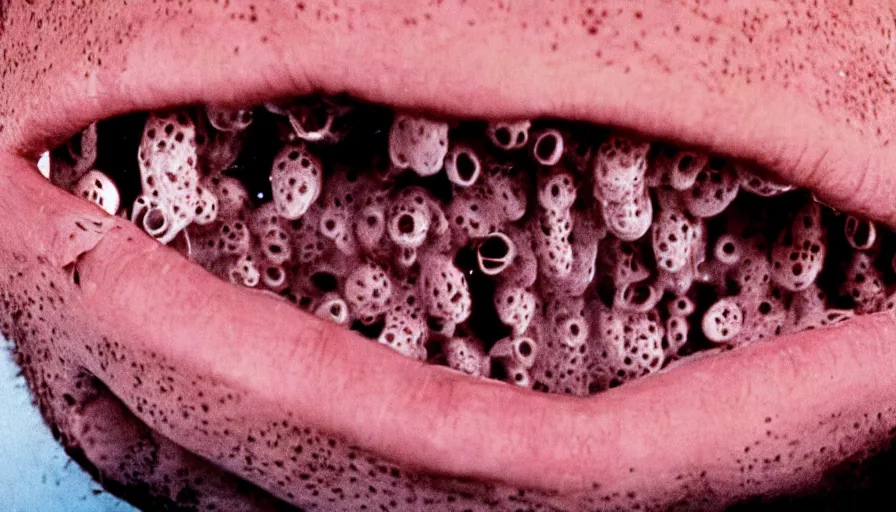 Prompt: 70s movie still of a man with trypophobia deep mouth in hospital, eastmancolor, heavy grain, high quality, higly detailed, liminal space