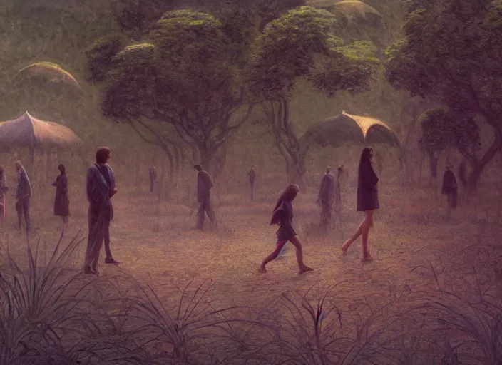 Image similar to people exterior futuristic field, figures, in the style of jeremy enecio, intricate, miles johnston, monet, cynical realism, john william godward, painterly, yoshitaka amano, miles johnston, louise zhang, matt murphy, enes dirig, pekka halonen, finnish naturalism, realism