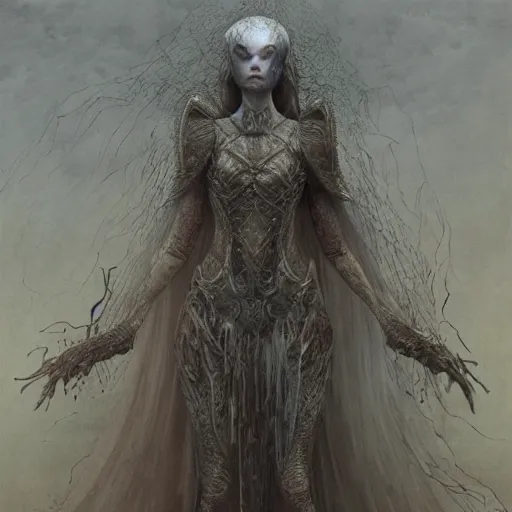 Image similar to Elle Fanning in the world of Dark Souls, intricate, smooth, artstation, painted by Wayne Barlowe, zdislav beksinski