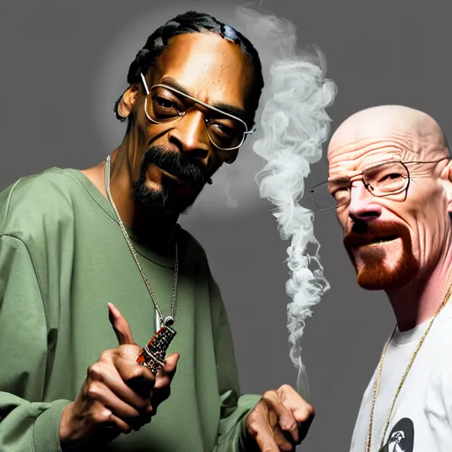 Prompt: snoop dogg and walter white smoking weed and laughing in the studio, walter white, snoop dogg, smoking weed, studio, photorealistic