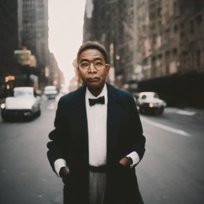 Prompt: medium format film dawn portrait of a man in new york by street photographer from the 1 9 6 0 s, hasselblad film man bokeh portrait featured on unsplash, colour expired film