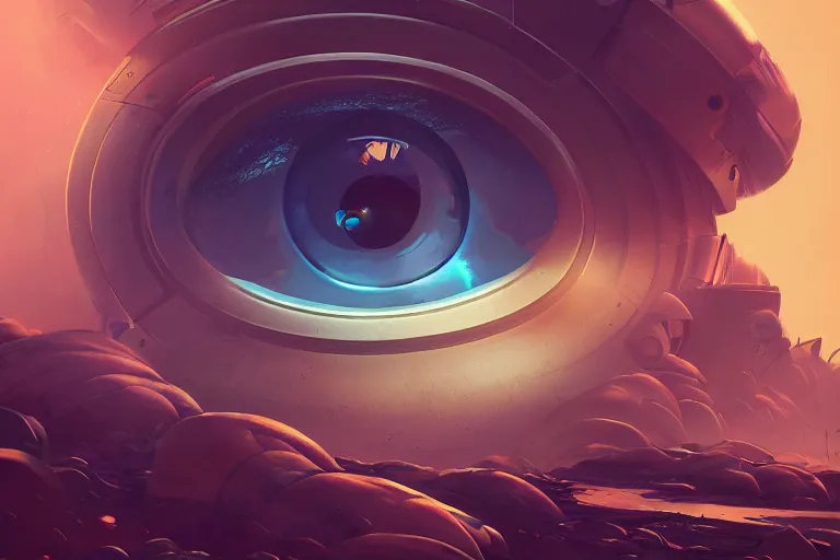 Prompt: portrait of a giant mechanical eye, cinematic lighting, abstract, glow, wlop, artgerm, dan mumford, artstation, octane render