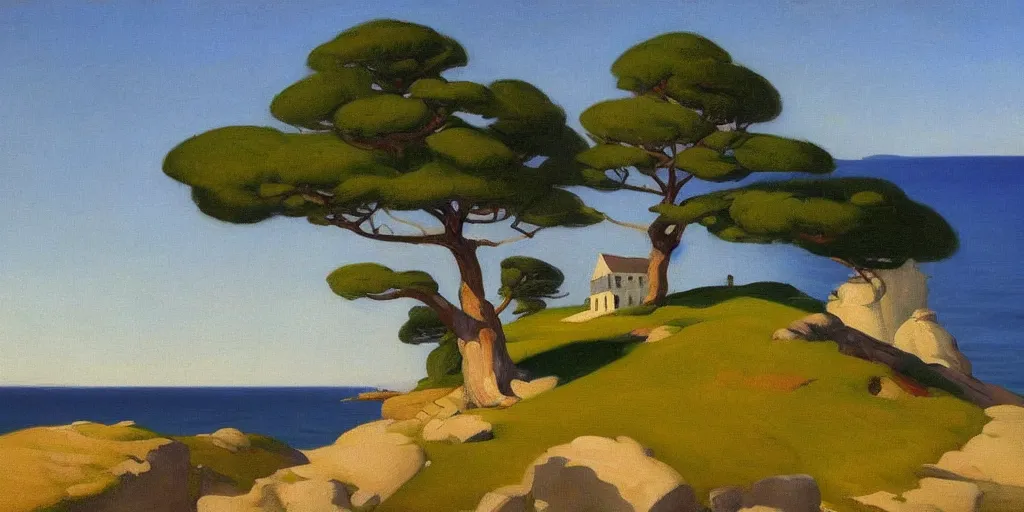 Image similar to a beautiful landscape painting of a rocky outcrop on the coast with a tree next to a house, by edward hopper, oil on canvas, highly detailed, hd, 4 k