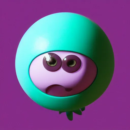 Image similar to photo of a comically tiny clay model of character with large spherical purple head and large childlike eyes with comically tiny body and spindly limbs leans close to the camera, fish eye lens, 4 k, hyper realistic, hyper detailed face, octane render, comedic, cute