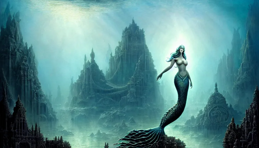 Image similar to a graceful mermaid looking at the sunken city of Atlantis under water, rays of sunlight, stunning undersea intricate detailed grand architecture in the style of Joe Fenton, art style by Greg Rutkowski and Mohrbacher, deep underwater scene, dark and moody, faint volumetric god rays, grim crushing atmosphere, trending on artstation, masterpiece, claustrophobic, sea floor is rocky and full of colorful corals