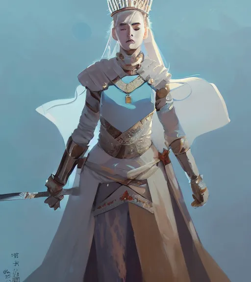 Image similar to portrait of a female sword immortal queen in amazing dress 汉 服 by atey ghailan, by greg rutkowski, by greg tocchini, by james gilleard, by joe fenton, by kaethe butcher, dynamic lighting, gradient light blue, brown, blonde cream and white color scheme, grunge aesthetic