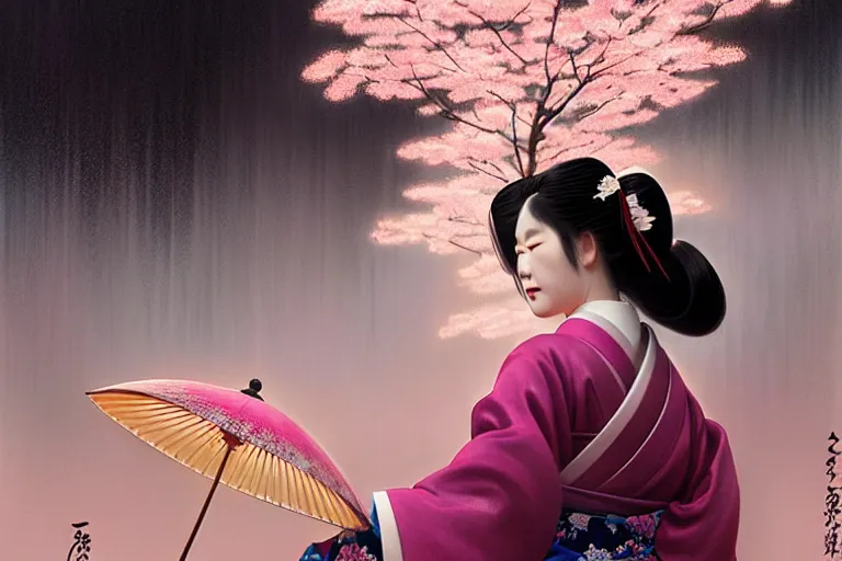 Image similar to a beautiful geisha tardigrade!!! wearing a kimono at a fireworks sakura festival. rainy, dreamlike art, mist, realistic shaded, fine details, 4 k realistic, cryengine, realistic shaded lighting poster by greg rutkowski, magali villeneuve, artgerm, jeremy lipkin and michael garmash and rob rey