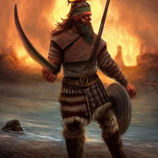 Prompt: viking warrior in the midst of a raid, braided beard, fishing village, huts on fire, longships, digital art, fantasy, game art,