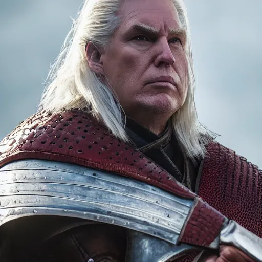 Prompt: donald trump as a fat geralt of rivia from the witcher movie, dramatic film still, close - up, details, sigma 7 5 mm, 8 k