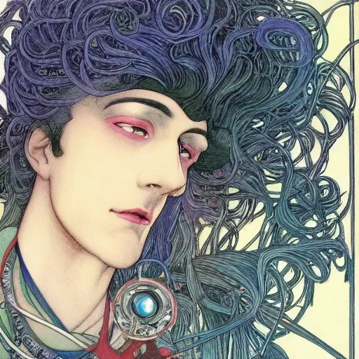 Image similar to detailed closeup of futuristic beautiful crazy old man scientist witch with robotic eyes and curly blue tinted hair and red merlin hat, in styke of Mucha, Yasunari Ikenaga, Yamato, Macross