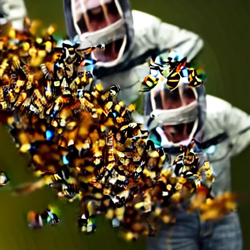 Image similar to photograph of bees crawling out of a smiling mans mouth, 8k resolution, high detail, ULTRA REALISTIC VFX, reflections