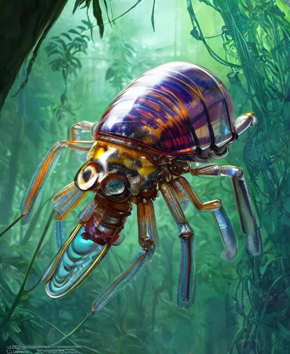 Image similar to opulent colorful transparent clear see - through portrait of a terrifying beautiful male alien isopod cyborg, mottled coloring, adorable, childlike, overgrown biopunk jungle environment, ultra realistic, concept art, art nouveau, photorealistic, octane render, 8 k, unreal engine. art by christopher marley and artgerm and greg rutkowski and alphonse mucha