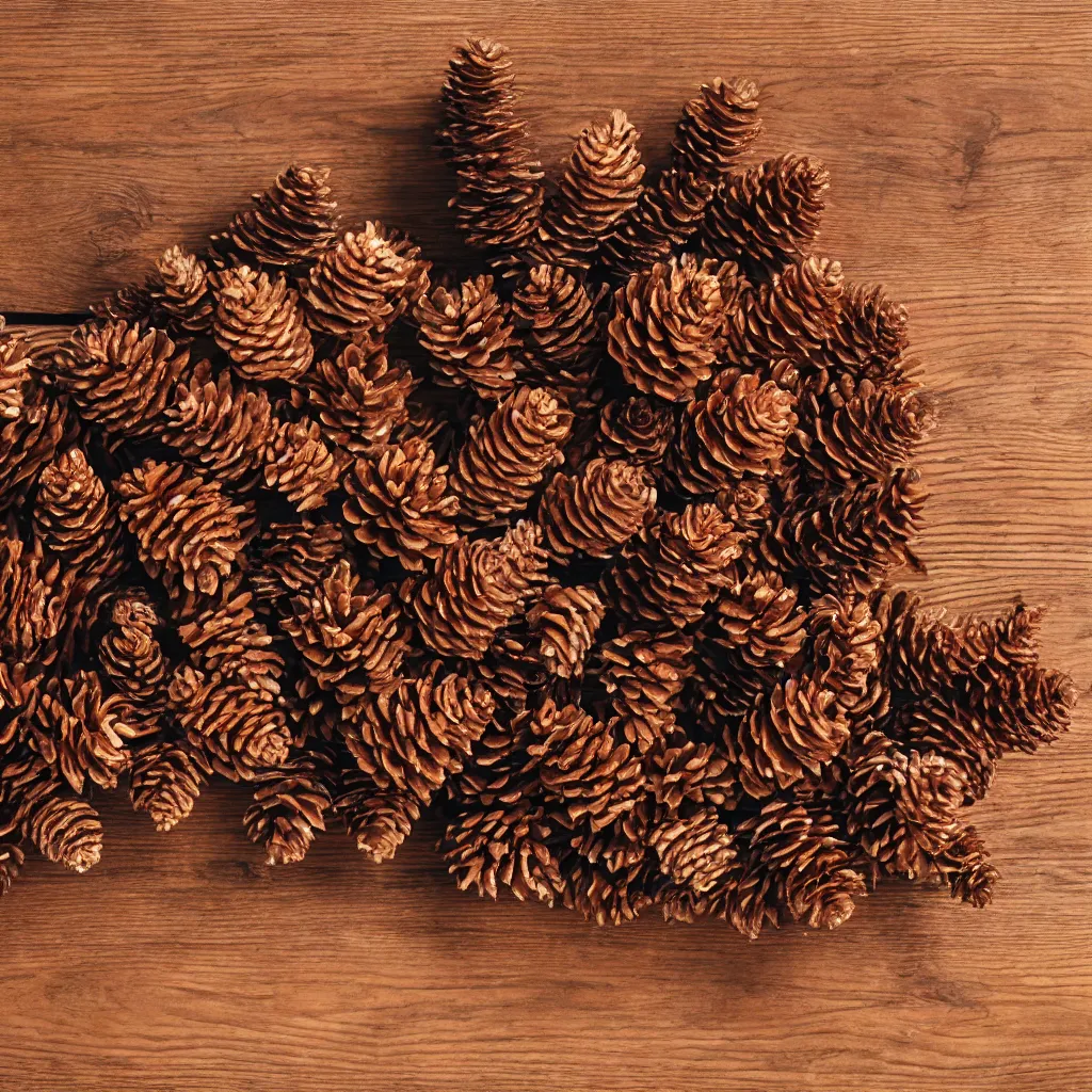 Prompt: top-down view of pinecones on top of a wooden table, 4k, photorealistic