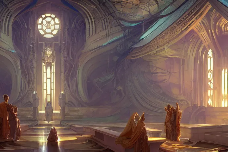 Image similar to backdrop of a high tech religious room with distant waterfalls and art deco statues, intricate digital painting artstation concept art smooth sharp focus illustration, art by artgerm and paul chadeisson and greg rutkowski and alphonse mucha