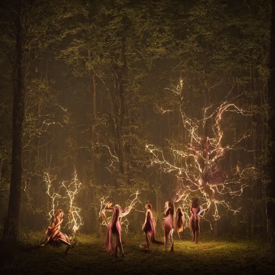 Image similar to photography award of a night carnival fairies, creatures and fantastic people disguised as fantastic creatures in the forest by summer night, masterpiece photography by gregory crewdson, volumetric lightning