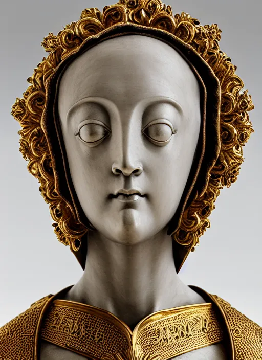 Prompt: a medieval female nun, elegant, filigree renaissance sculpture from gold, marble and fur, brilliant symmetry, created by verrocchio andrea, leonardo da vinci, sandro botticelli, raffaelle monti, epic 7 0 mm lens shot, artstation trending, photorealism, sharp focus, smooth, establishing shot, sense of awe