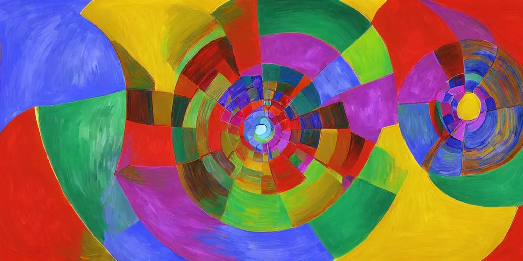 Image similar to an abstract 3d rendering of an abstract by robert delaunay of colorful spirals interacting in complex designs in the fibonacci ratio with smooth color transitions