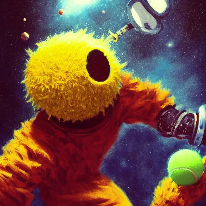 Image similar to cinematic portrait of a cute tennis ball monster in the abyss of space, chalk, masterpiece, trending on artstation, featured on pixiv, cinematic composition, dramatic pose, beautiful lighting, sharp details, hyper - detailed, hd, hdr, 4 k, 8 k, art by basil gogos