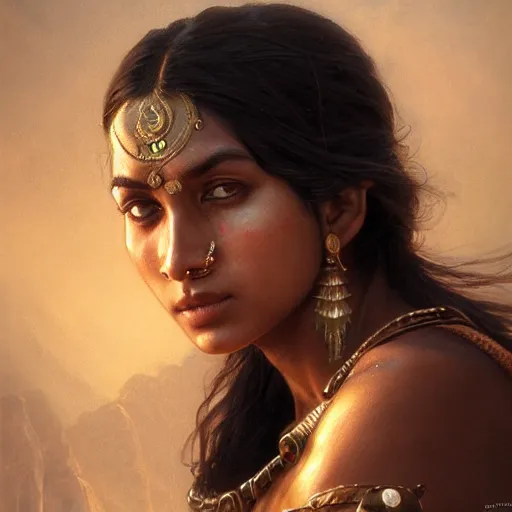 Prompt: portrait painting of a muscular indian girl, ultra realistic, concept art, intricate details, eerie, highly detailed, photorealistic, octane render, 8 k, unreal engine. art by artgerm and greg rutkowski and alphonse mucha