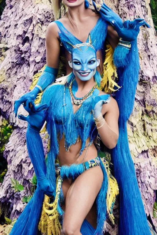 Prompt: margot robbie as a blue - skinned navi from the movie avatar wearing an elaborate beaded outfit, cosplay, photo by bruce weber